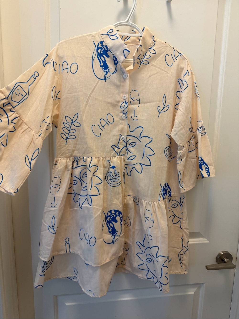 Cream Tiered Button-Up Tunic with Blue Graphic Print
